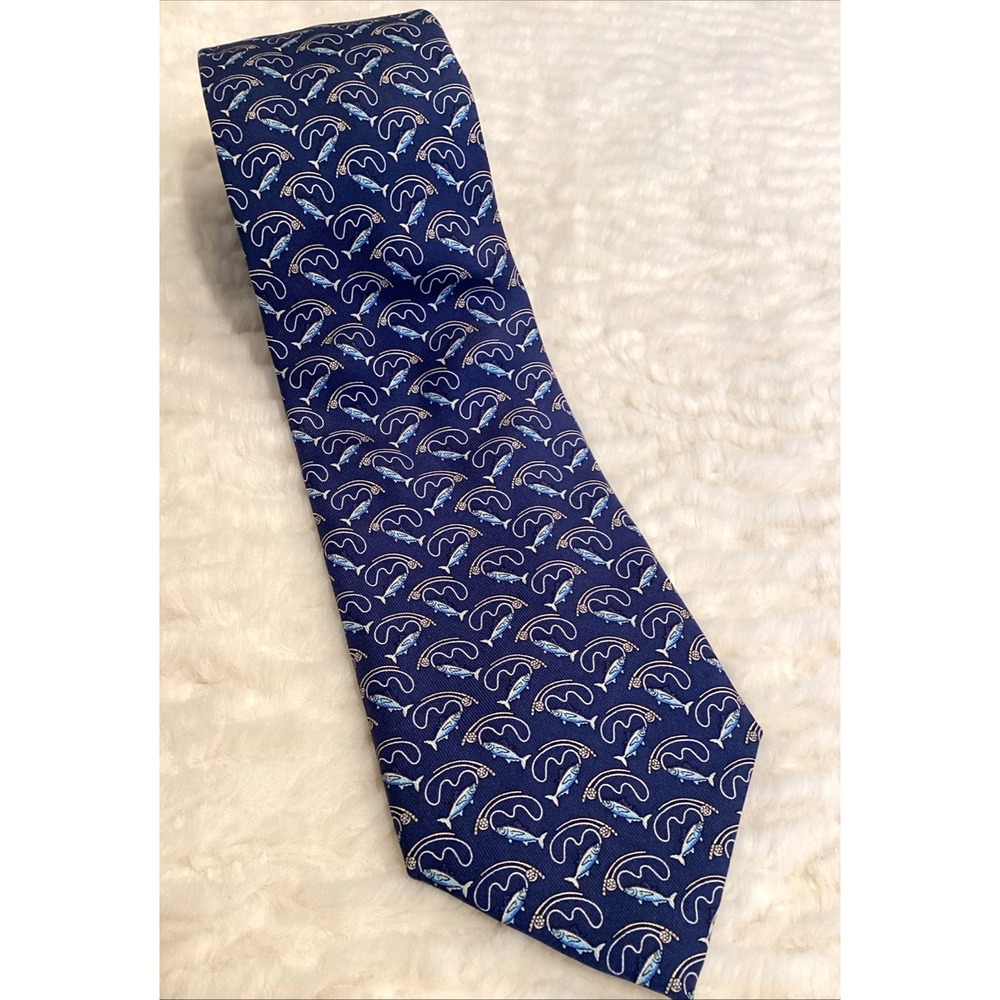 Vineyard‎ Vines Fish Silk Necktie Tie USA Blue Preppy Lake Angler Fisherman Rod